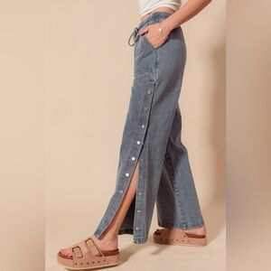 Blue Denim Wide-Leg Mid Rise Drawstring Jeans with Side Snap Button Cotton